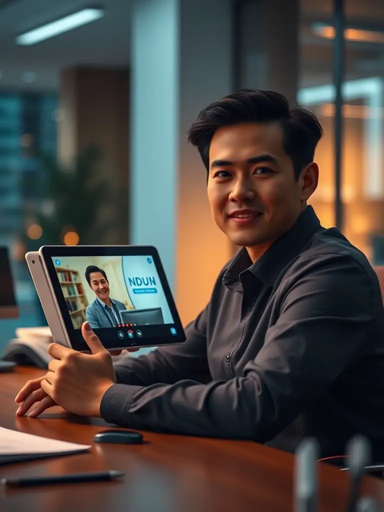 A person verifying their identity through a video call on a tablet, with an NDUN representative visible on the screen.