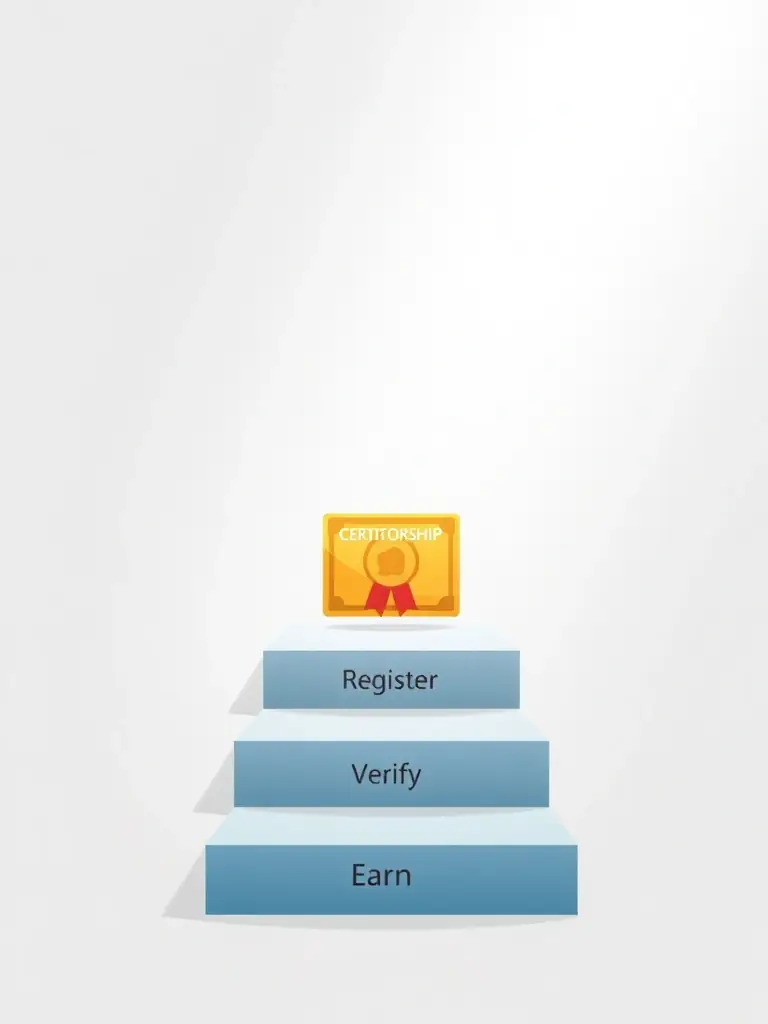 A digital illustration showing a clear path with steps labeled 'Register', 'Verify', and 'Earn', leading to a certificate of directorship.