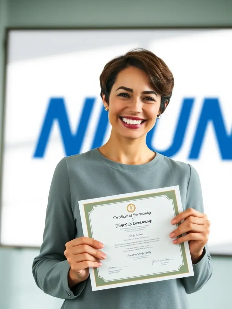 A person smiling and holding a certificate of directorship, with the NDUN logo in the background.